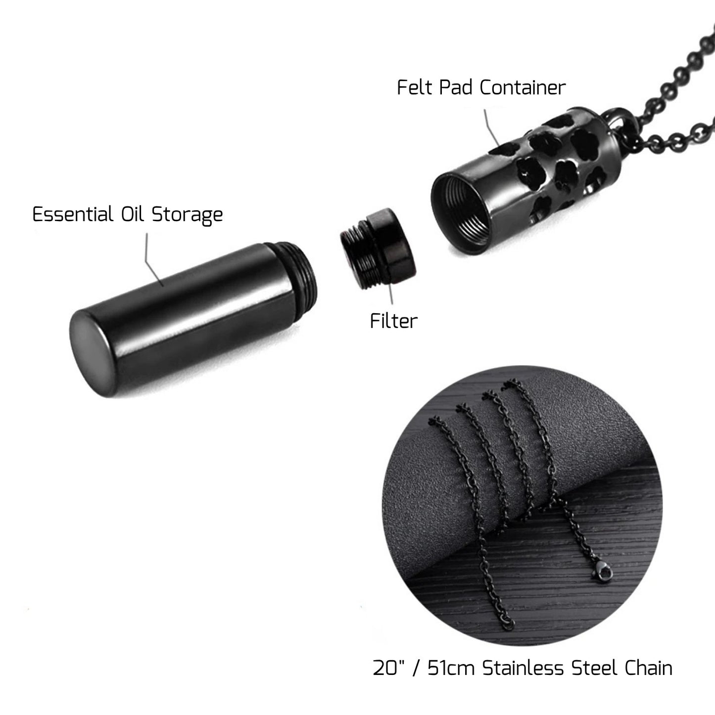 Aromatherapy Black Stainless Steel Locket Necklace – Diffuser Jewelry for Men & Women