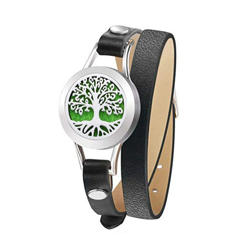 Fashion Women Stainless Steel Bracelet Genuine Leather Aroma Bangle Essential Oils Diffuser Locket