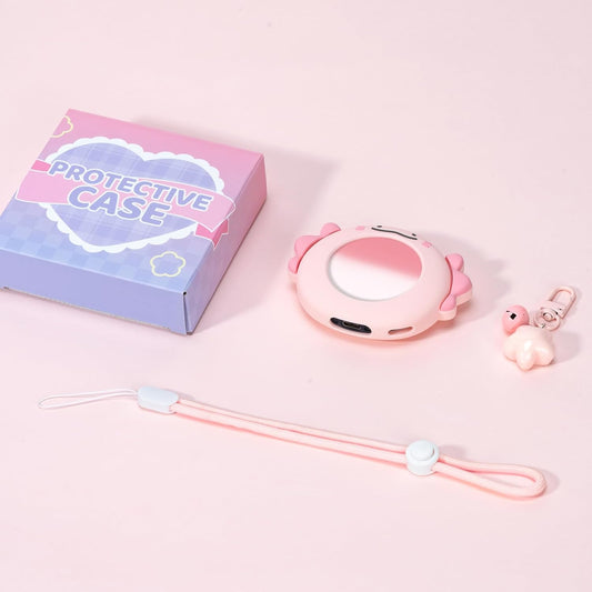 Cute Protective Case for GO Plus+, Soft Silicone Cover Shell with Heart-Shaped Charm and Adjustable Wrist Strap - Pink Axolotls