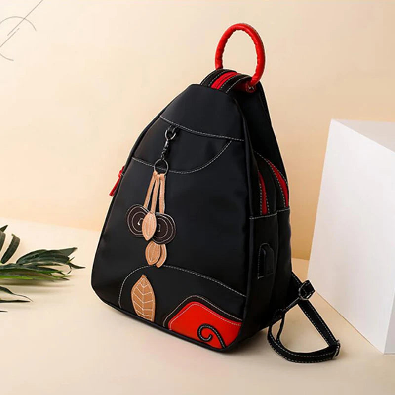 Versatile Retro Leaf Print Backpack – Women's Large Nylon City Bag