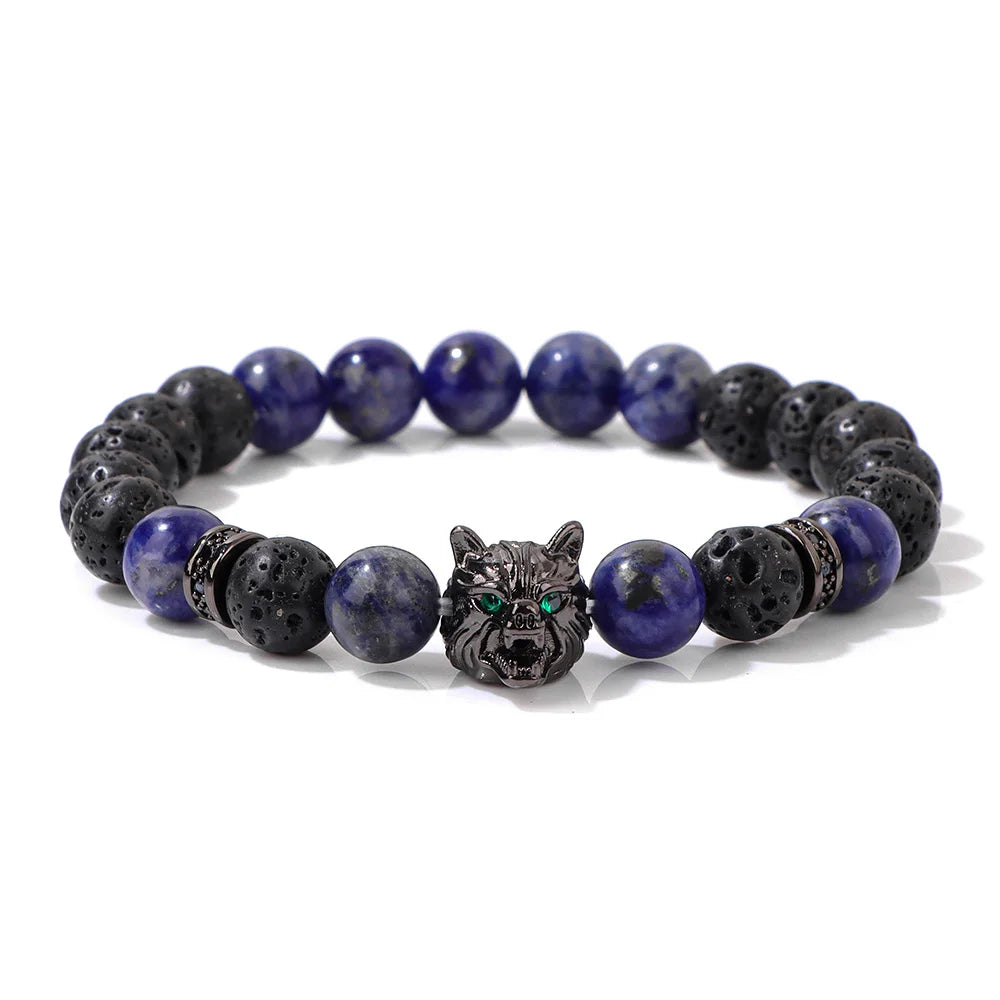 Aromatherapy Bracelet - Handmade Lava Stone & Blue Tiger Eye Beaded Bracelet with Black Wolf Charm