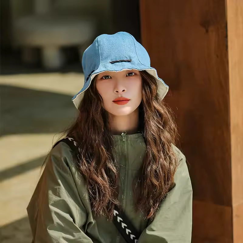 Women's Two-Sided Denim Bucket Hat Convertible Pouch – Essential for Travelers & City Strollers