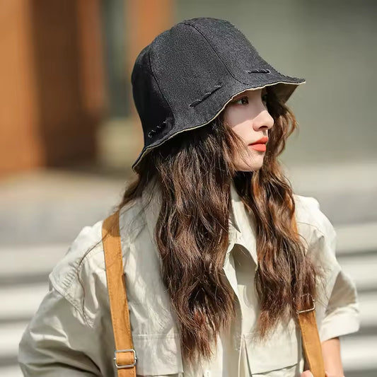 Women's Two-Sided Denim Bucket Hat Convertible Pouch – Essential for Travelers & City Strollers