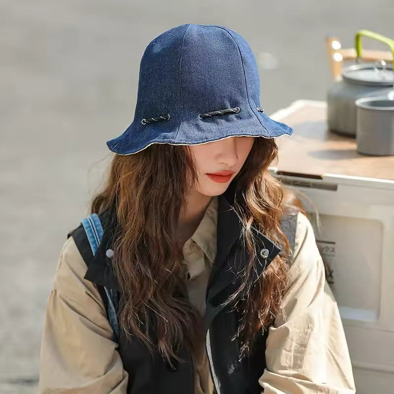 Women's Two-Sided Denim Bucket Hat Convertible Pouch – Essential for Travelers & City Strollers