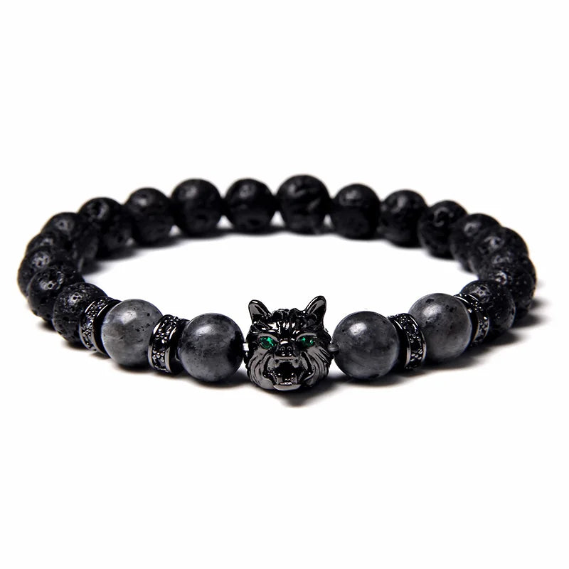 Aromatherapy Bracelet - Handmade Lava Stone & Blue Tiger Eye Beaded Bracelet with Black Wolf Charm