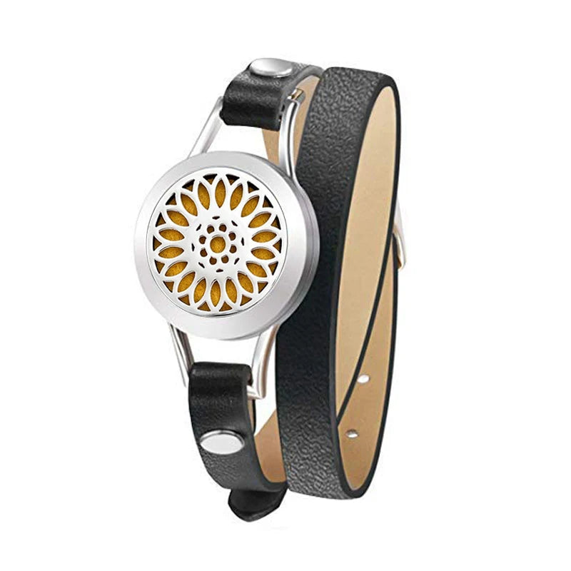 Fashion Women Stainless Steel Bracelet Genuine Leather Aroma Bangle Essential Oils Diffuser Locket