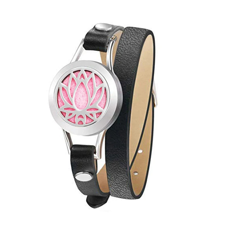 Fashion Women Stainless Steel Bracelet Genuine Leather Aroma Bangle Essential Oils Diffuser Locket
