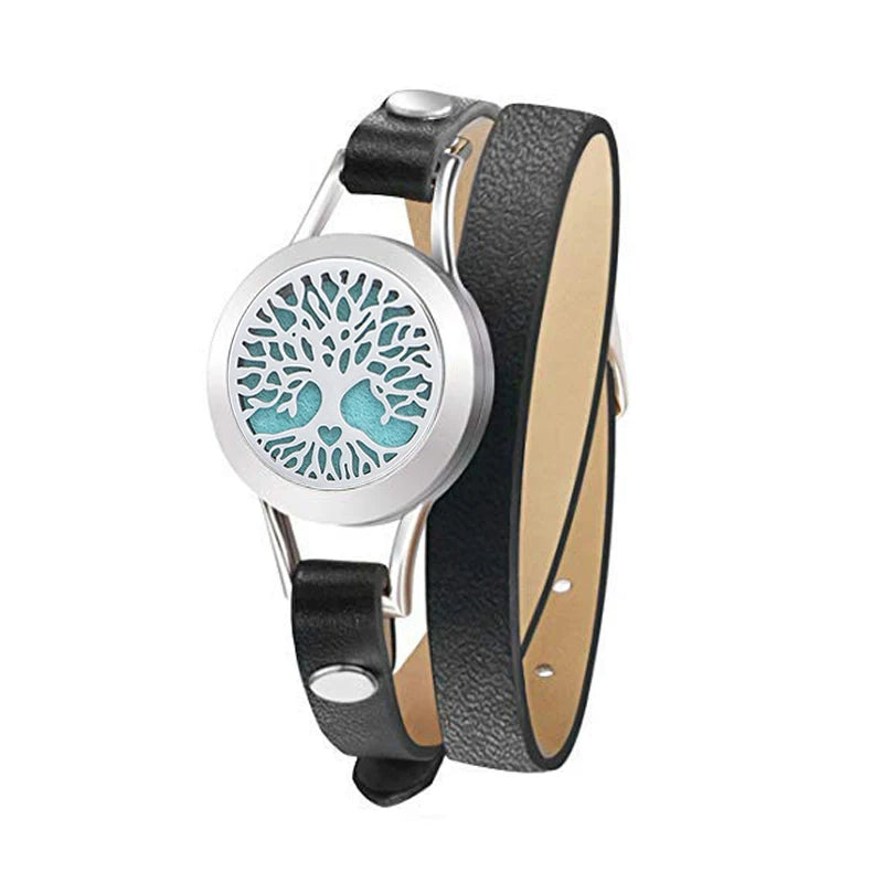Fashion Women Stainless Steel Bracelet Genuine Leather Aroma Bangle Essential Oils Diffuser Locket