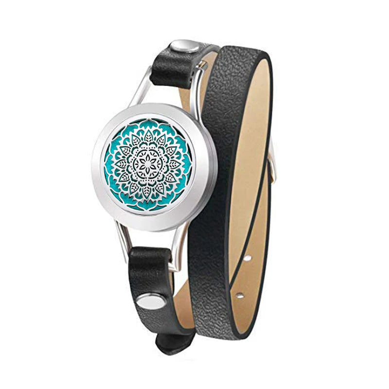 Fashion Women Stainless Steel Bracelet Genuine Leather Aroma Bangle Essential Oils Diffuser Locket