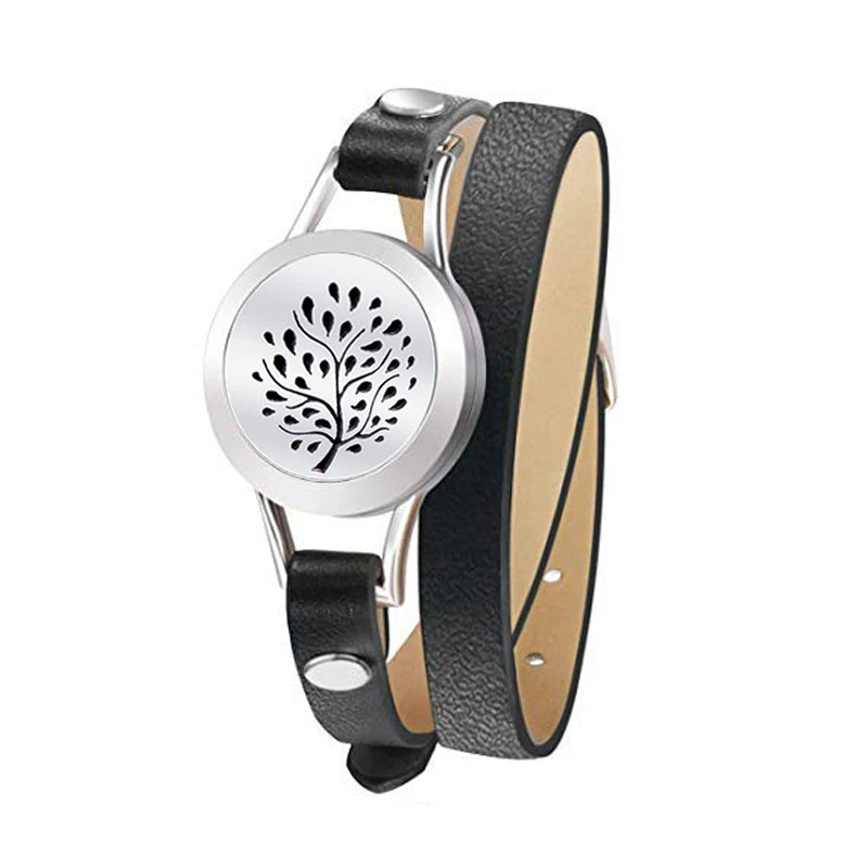Fashion Women Stainless Steel Bracelet Genuine Leather Aroma Bangle Essential Oils Diffuser Locket