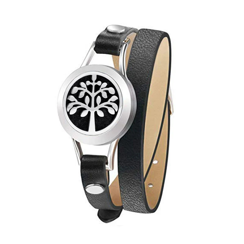 Fashion Women Stainless Steel Bracelet Genuine Leather Aroma Bangle Essential Oils Diffuser Locket