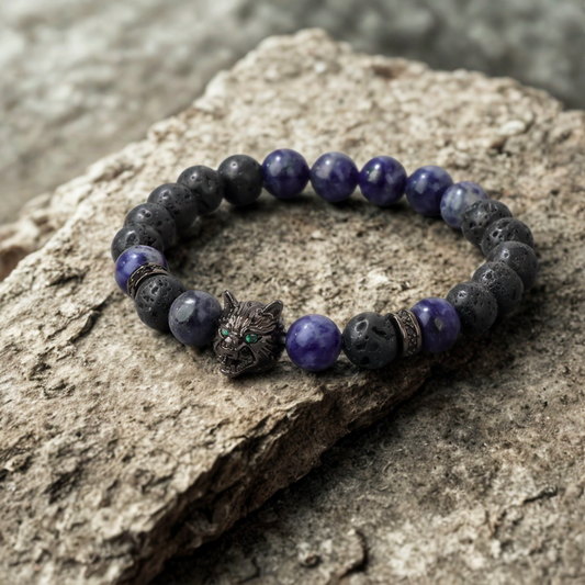 Aromatherapy Bracelet - Handmade Lava Stone & Blue Tiger Eye Beaded Bracelet with Black Wolf Charm