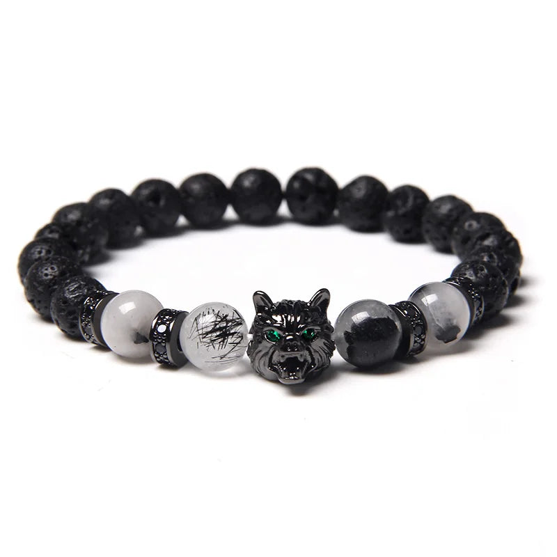 Aromatherapy Bracelet - Handmade Lava Stone & Blue Tiger Eye Beaded Bracelet with Black Wolf Charm
