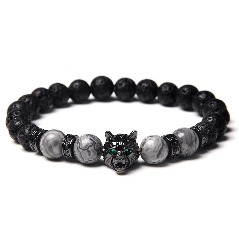 Aromatherapy Bracelet - Handmade Lava Stone & Blue Tiger Eye Beaded Bracelet with Black Wolf Charm