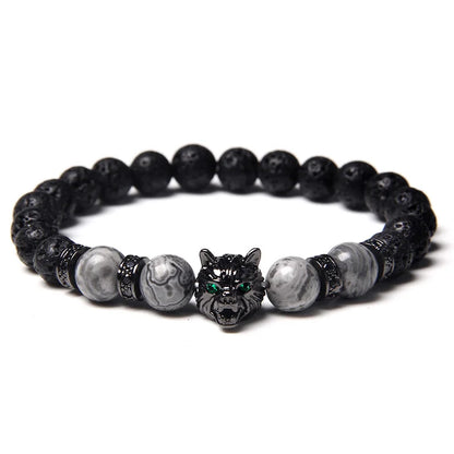 Aromatherapy Bracelet - Handmade Lava Stone & Blue Tiger Eye Beaded Bracelet with Black Wolf Charm