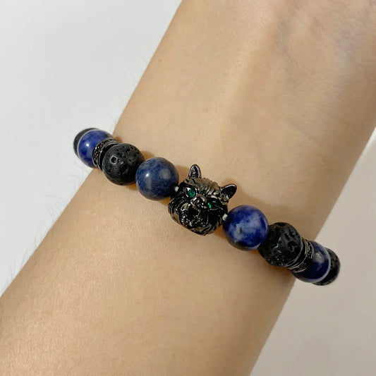 Aromatherapy Bracelet - Handmade Lava Stone & Blue Tiger Eye Beaded Bracelet with Black Wolf Charm