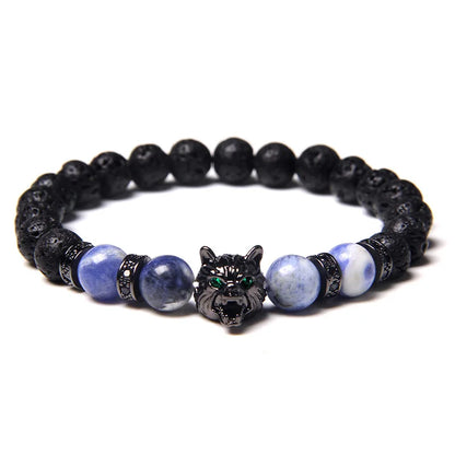 Aromatherapy Bracelet - Handmade Lava Stone & Blue Tiger Eye Beaded Bracelet with Black Wolf Charm
