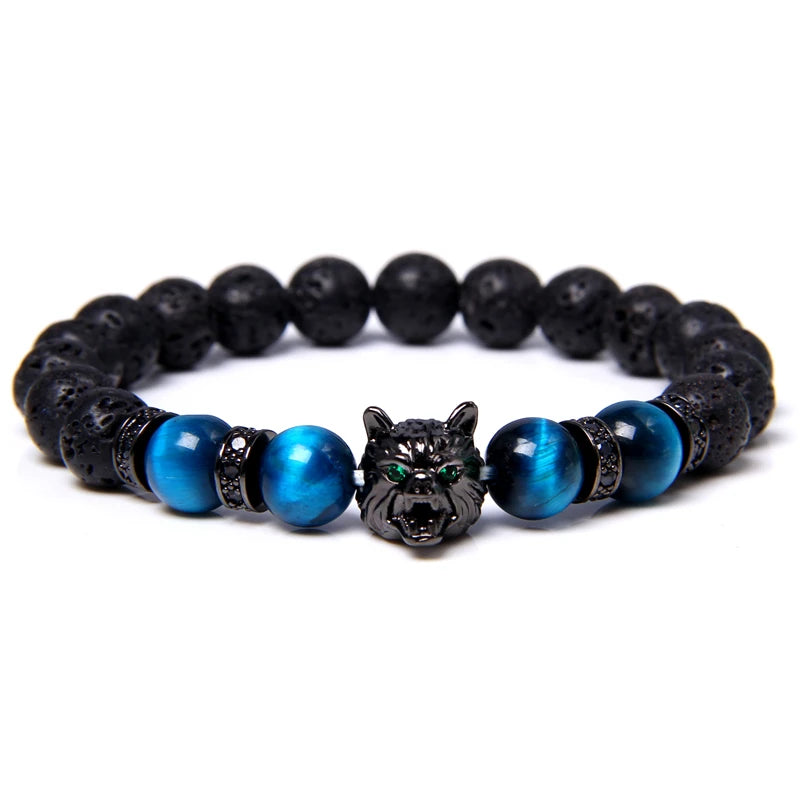 Aromatherapy Bracelet - Handmade Lava Stone & Blue Tiger Eye Beaded Bracelet with Black Wolf Charm