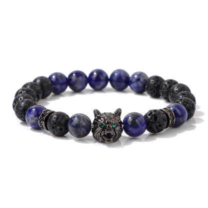 Aromatherapy Bracelet - Handmade Lava Stone & Blue Tiger Eye Beaded Bracelet with Black Wolf Charm