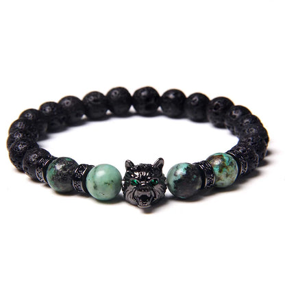 Aromatherapy Bracelet - Handmade Lava Stone & Blue Tiger Eye Beaded Bracelet with Black Wolf Charm
