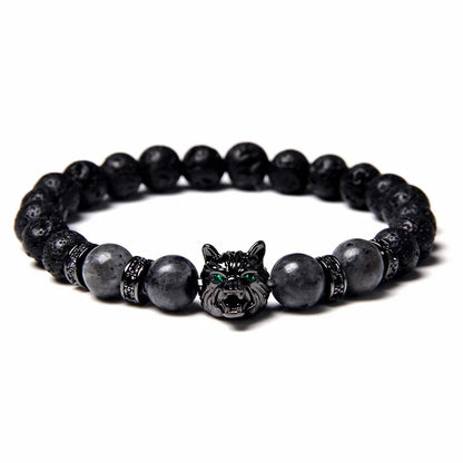 Aromatherapy Bracelet - Handmade Lava Stone & Blue Tiger Eye Beaded Bracelet with Black Wolf Charm