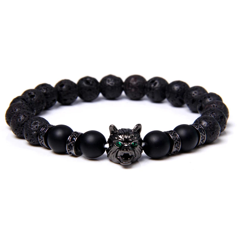 Aromatherapy Bracelet - Handmade Lava Stone & Blue Tiger Eye Beaded Bracelet with Black Wolf Charm