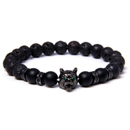 Aromatherapy Bracelet - Handmade Lava Stone & Blue Tiger Eye Beaded Bracelet with Black Wolf Charm