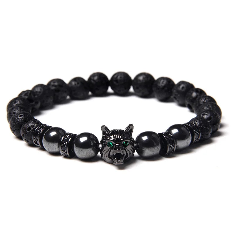 Aromatherapy Bracelet - Handmade Lava Stone & Blue Tiger Eye Beaded Bracelet with Black Wolf Charm