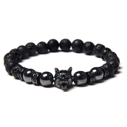 Aromatherapy Bracelet - Handmade Lava Stone & Blue Tiger Eye Beaded Bracelet with Black Wolf Charm