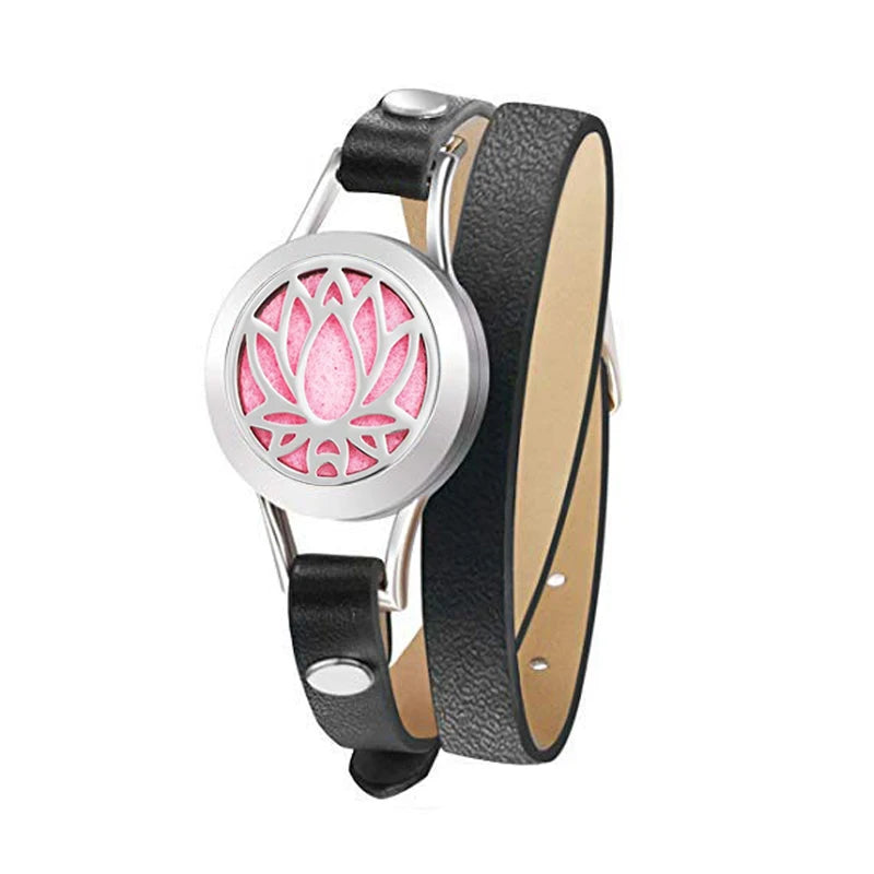 Fashion Women Stainless Steel Bracelet Genuine Leather Aroma Bangle Essential Oils Diffuser Locket