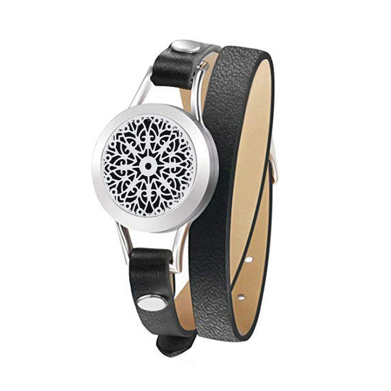 Fashion Women Stainless Steel Bracelet Genuine Leather Aroma Bangle Essential Oils Diffuser Locket